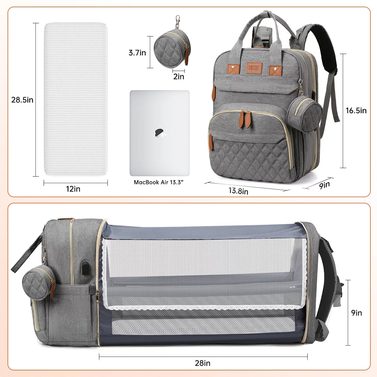 Diaper Bag Backpack, Multifunction Baby Diaper Bag with Changing Station, Large Capacity Waterproof Travel Backpack W/ Pacifier Case & USB Charging, Baby Stuff Organizer, Unisex Shower Gifts(Grey)