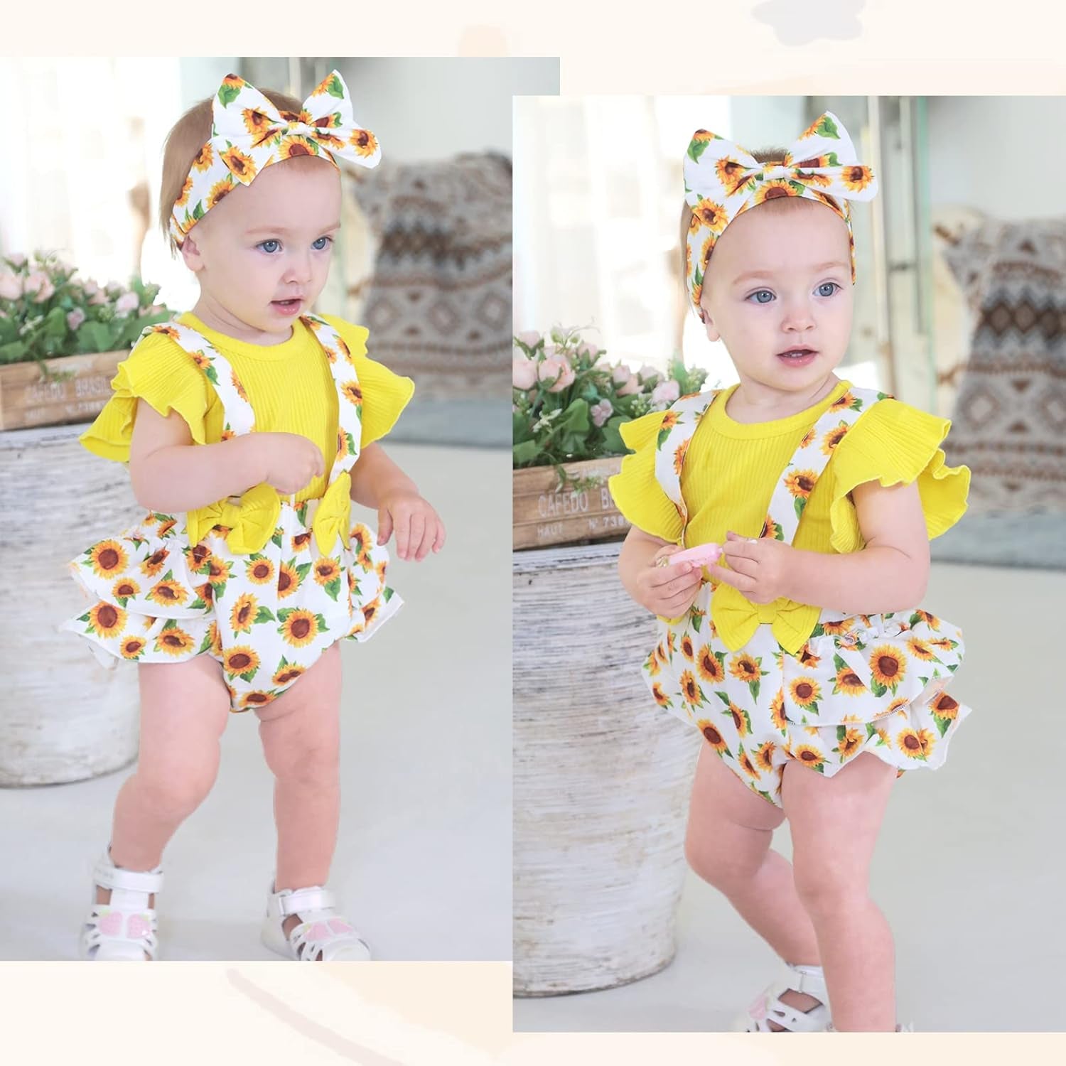 Newborn Baby Girl Clothes Infant Romper Floral Suspender Dress Ruffle Sleeve Onesie Outfit Jumpsuit Headband Spring Summer