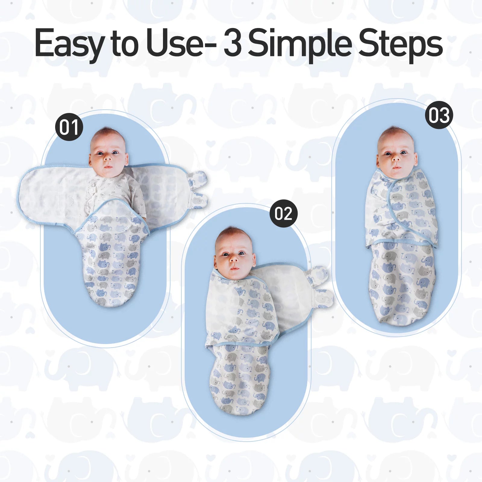 Organic Cotton Swaddle 3-Pack for 0-3 Months Newborn Infant Boys Girls, Blue Elephants