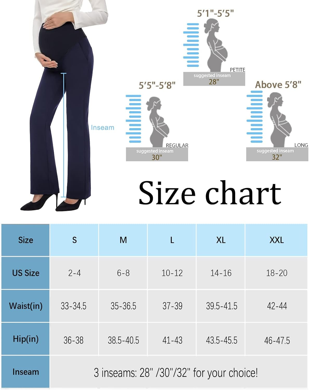 Women'S Maternity Pants 28" 30" 32" Bootcut Dress Pants with Pockets over Belly Pregnancy Work Pants Over-Bump Casual