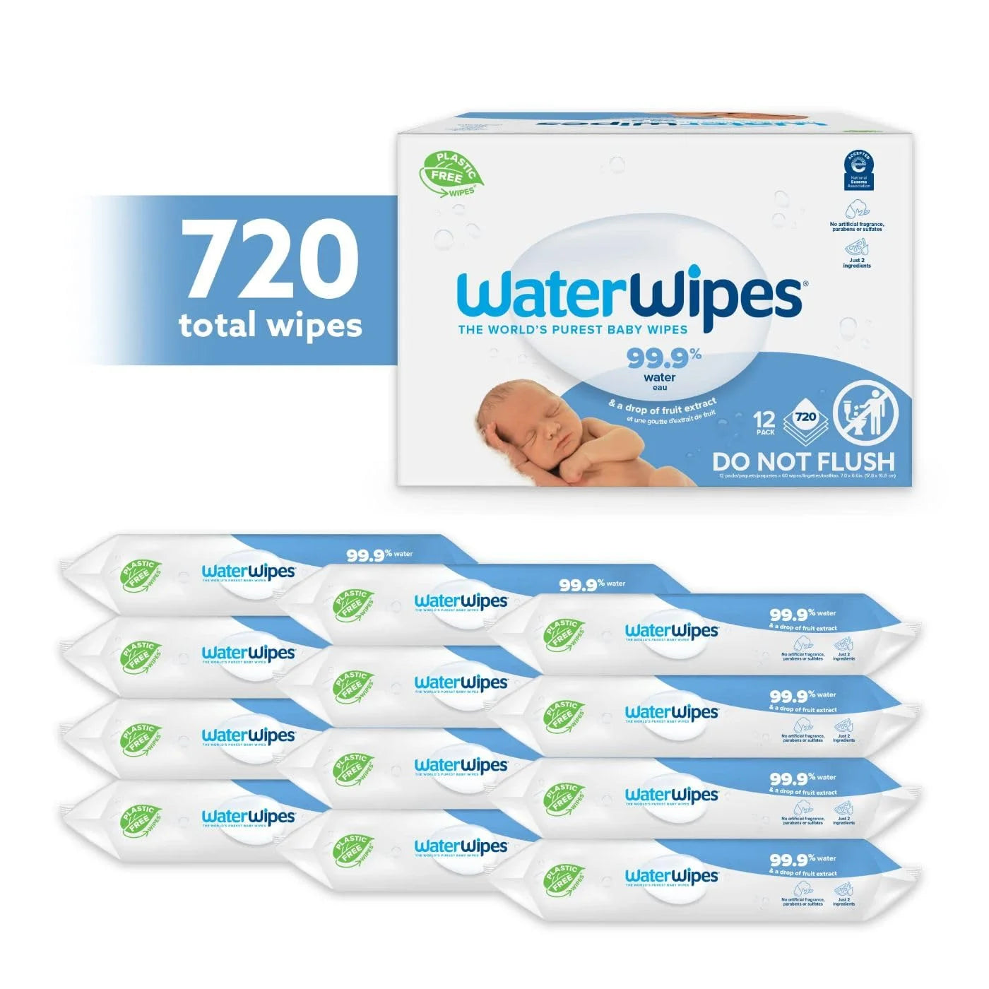 Original 99.9% Water Based Baby Wipes, Plastic-Free, Fragrance-Free, Unscented & Hypoallergenic for Sensitive Skin, 12 Resealable Packs (720 Total Wipes) (Select for More Options)