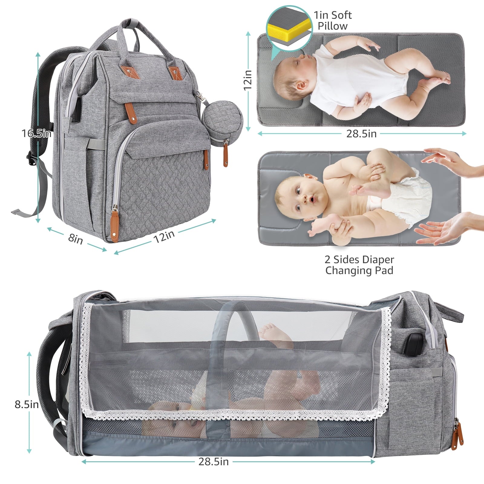 Baby Diaper Bag Backpack, Grey Color