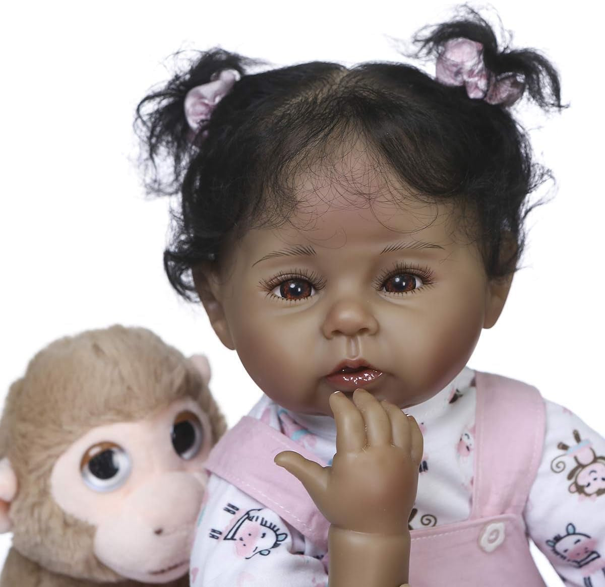 Black Reborn Baby Doll Girl 22 Inch Realistic Reborn Toddlers Dolls Lifelike Newborn Girl Dolls with Monkey Toys Best Gifts for Kids Ages 3+