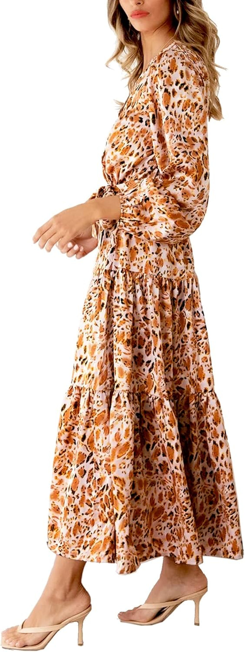 Womens Floral Chiffon Flowy Maxi Dress Wrap V Neck Tie Waist Dresses