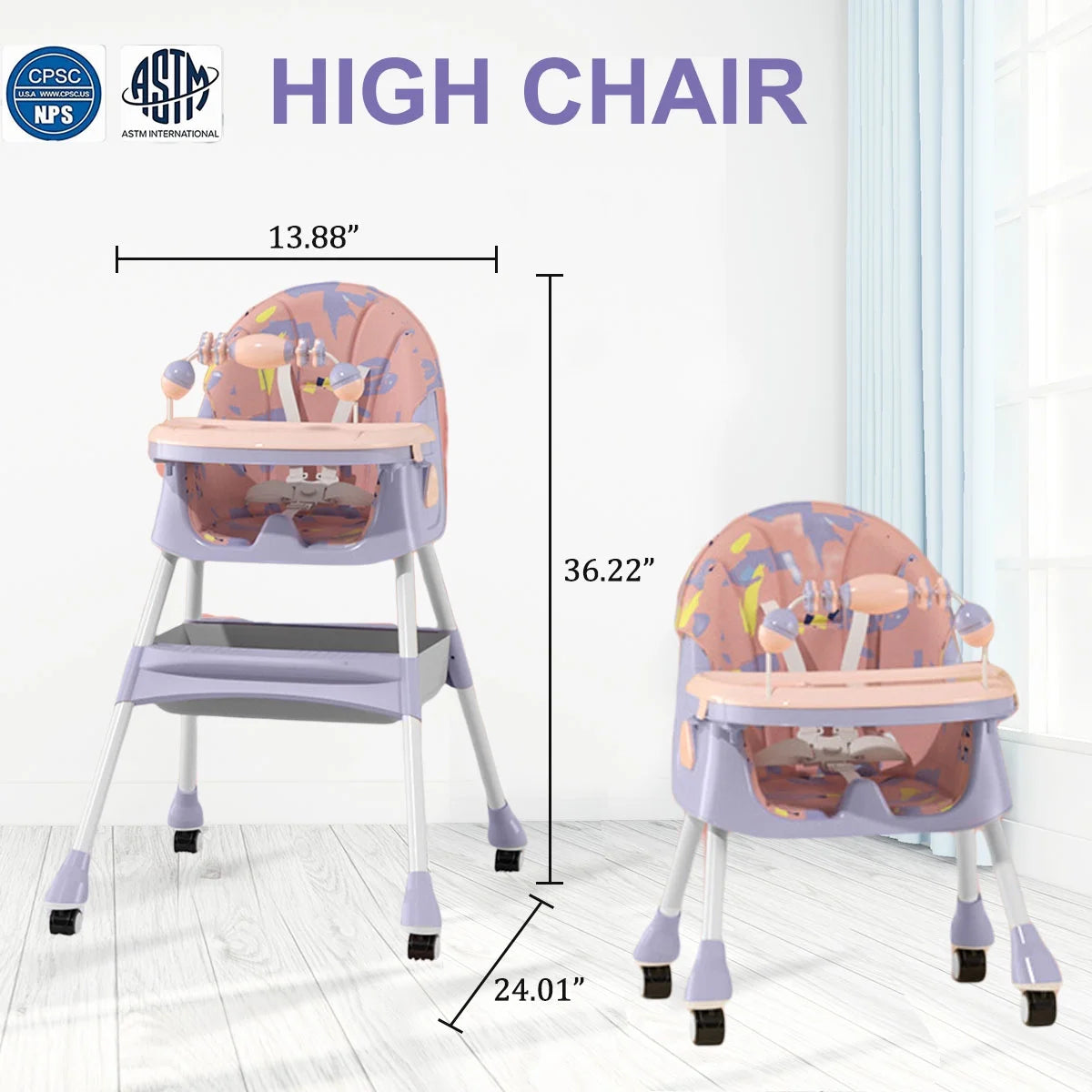 4-In-1 Baby High Chair Portable Baby Dining Chairs Eat & Play Convertible High Chair with Five-Point Snap Button, Double-Layer Dinner Plate and Toy Rack, Purple