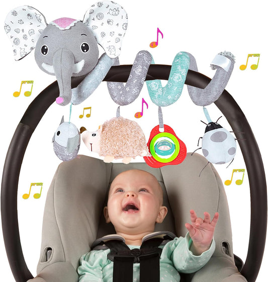 Baby Car Seat Toys, Hanging Stroller Toys for Baby 0-6 Months Infants Activity Spiral Toys with Musical Owl Rattles Hedgehog Beep Ladybug Squeaker - Gray Elephant Toys for Newborn Baby 0 3 6 12 Months