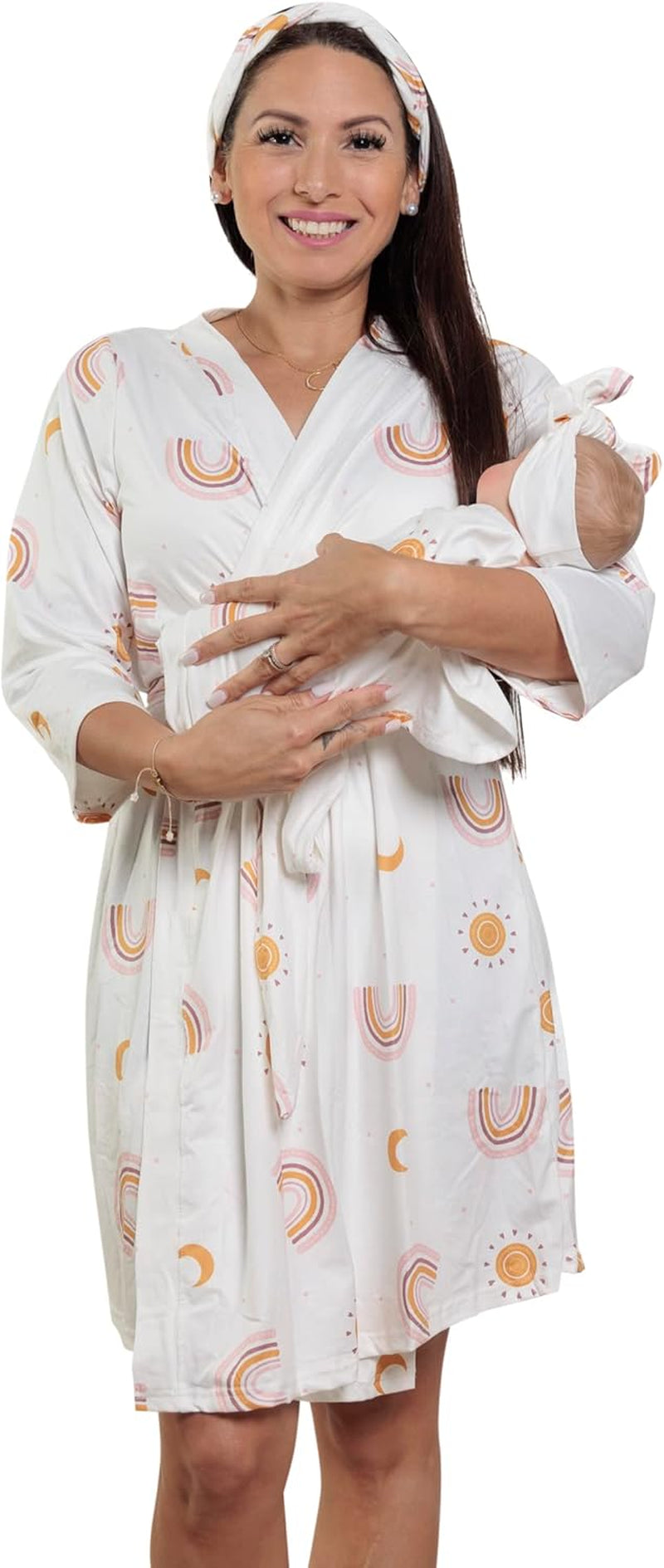 Mommy Robe for Maternity and Baby Swaddle Blanket, Milk Silk Matching Delivery Robe and Swaddling Wrap for Mom and Baby (L/XL (12-24), Boho Rainbow)