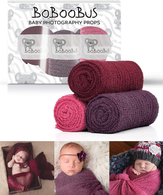 Newborn Photography Props | 3 Pcs Newborn Baby Stretch Wraps |  Unisex Baby Photo Props Long Ripple Wrap (Wine + Lilac+ Rose)