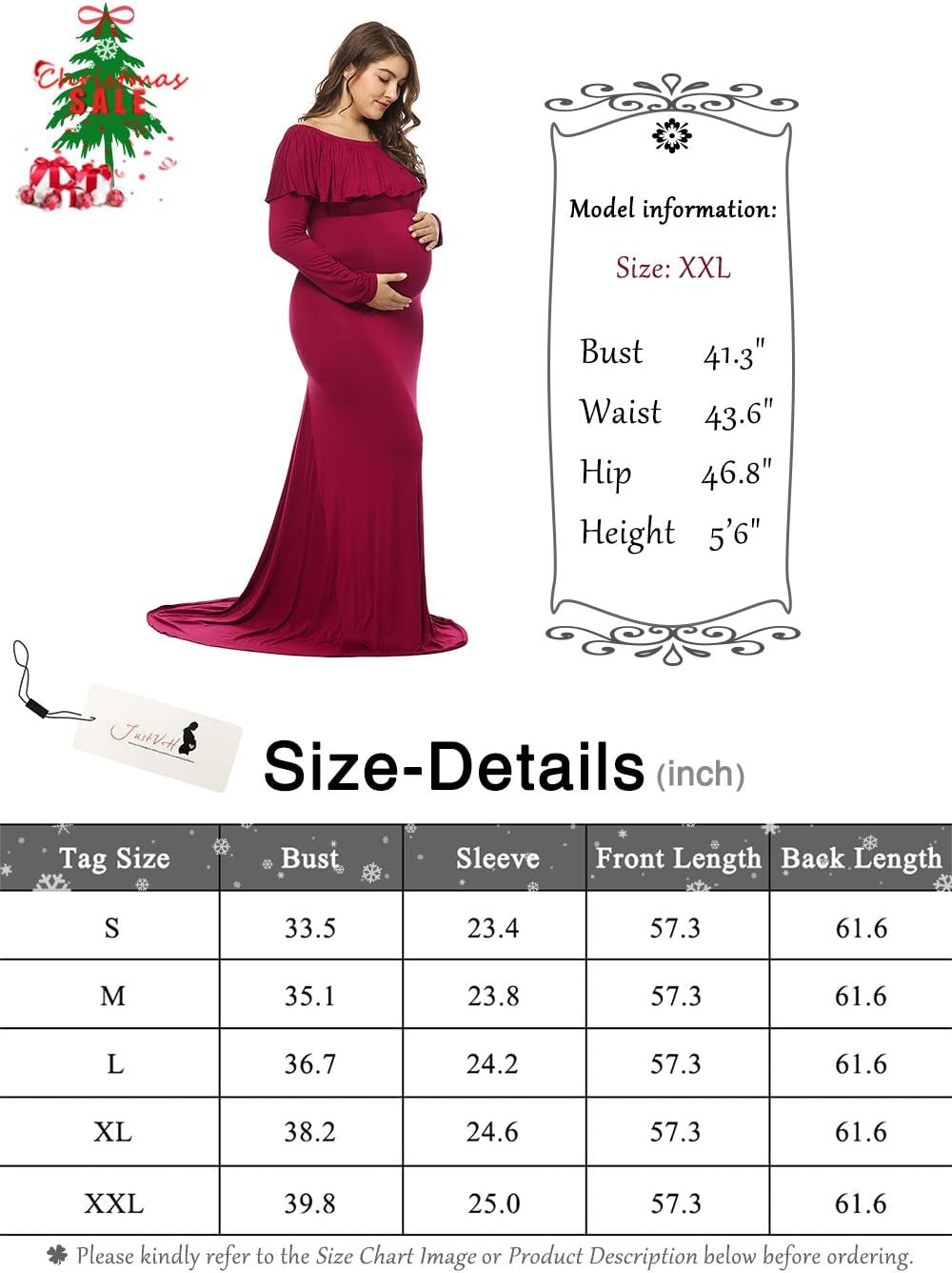 Maternity Fitted Elegant Gown Long Sleeve off Shoulder Ruffles Maxi Photography Dress for Photoshoot