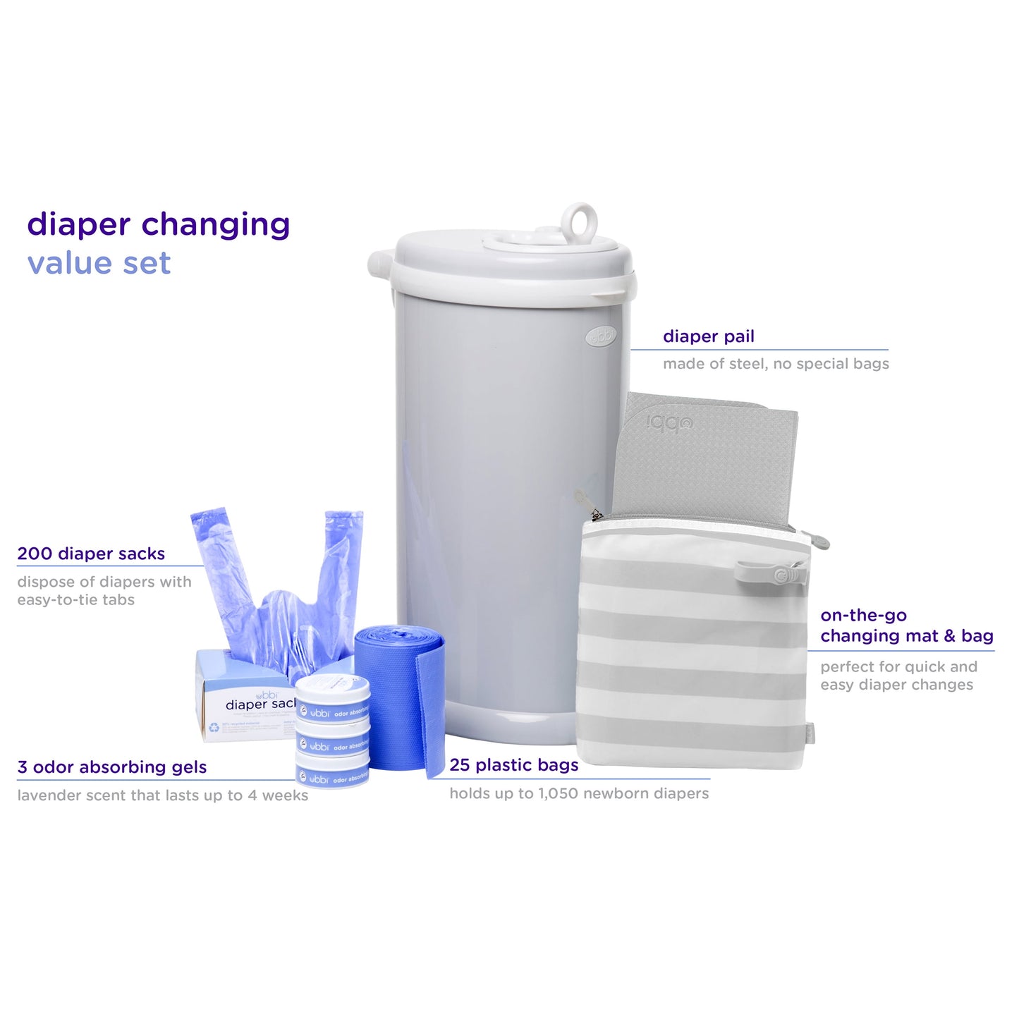 Diaper Changing Value Gift Set, Baby Registry Gift, Includes Gray Diaper Pail, Absorbing Gels, Travel Changing Mat & Bag, Diaper Pail Waste Bags and On-The-Go Waste Sacks