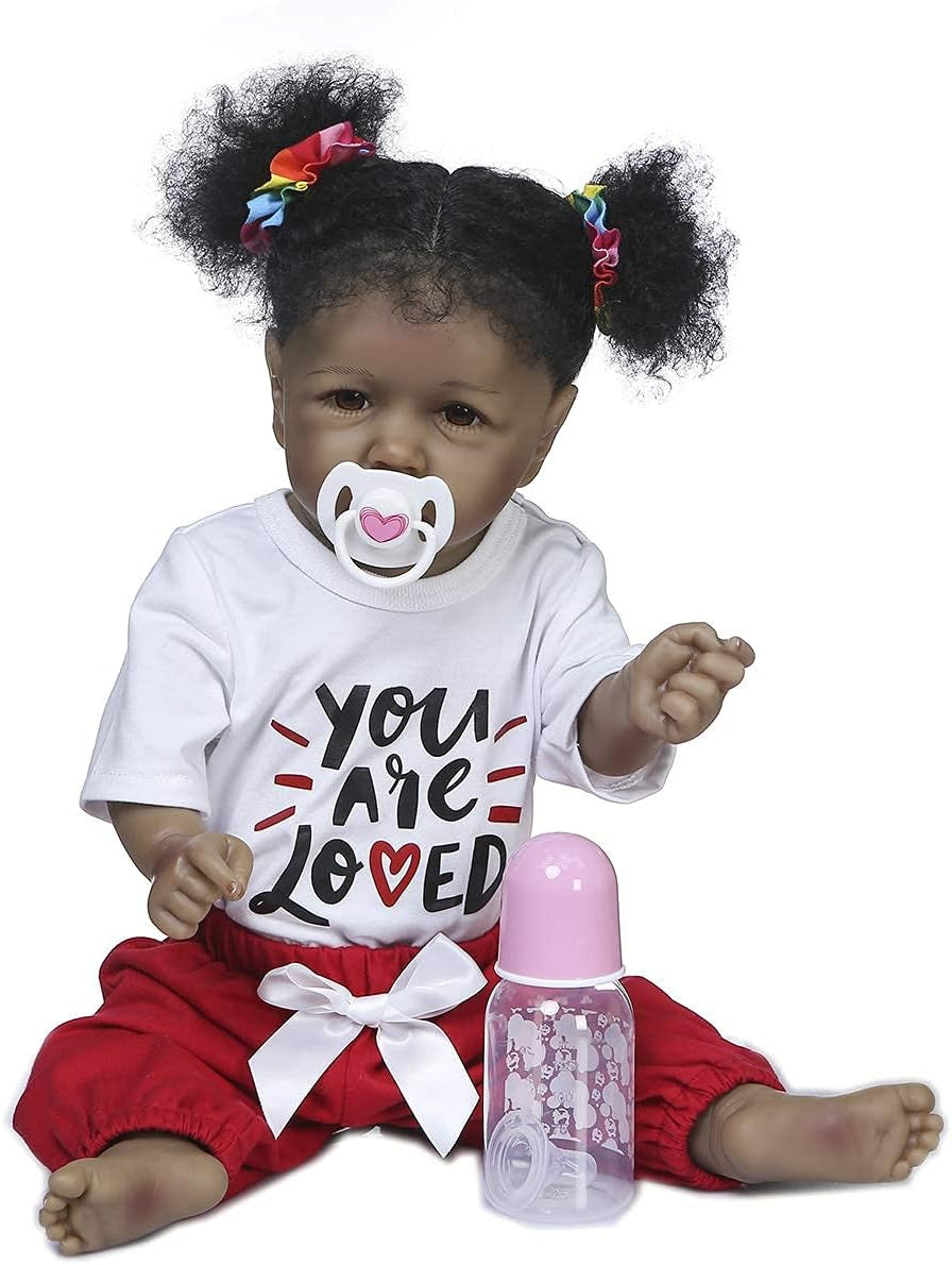 Realistic Reborn Baby Dolls Silicone Full Body Girl with Teeth, African American Black Skin Doll, Washable Reborn Newborn Biracial Bebe for Toddler Play House Toys