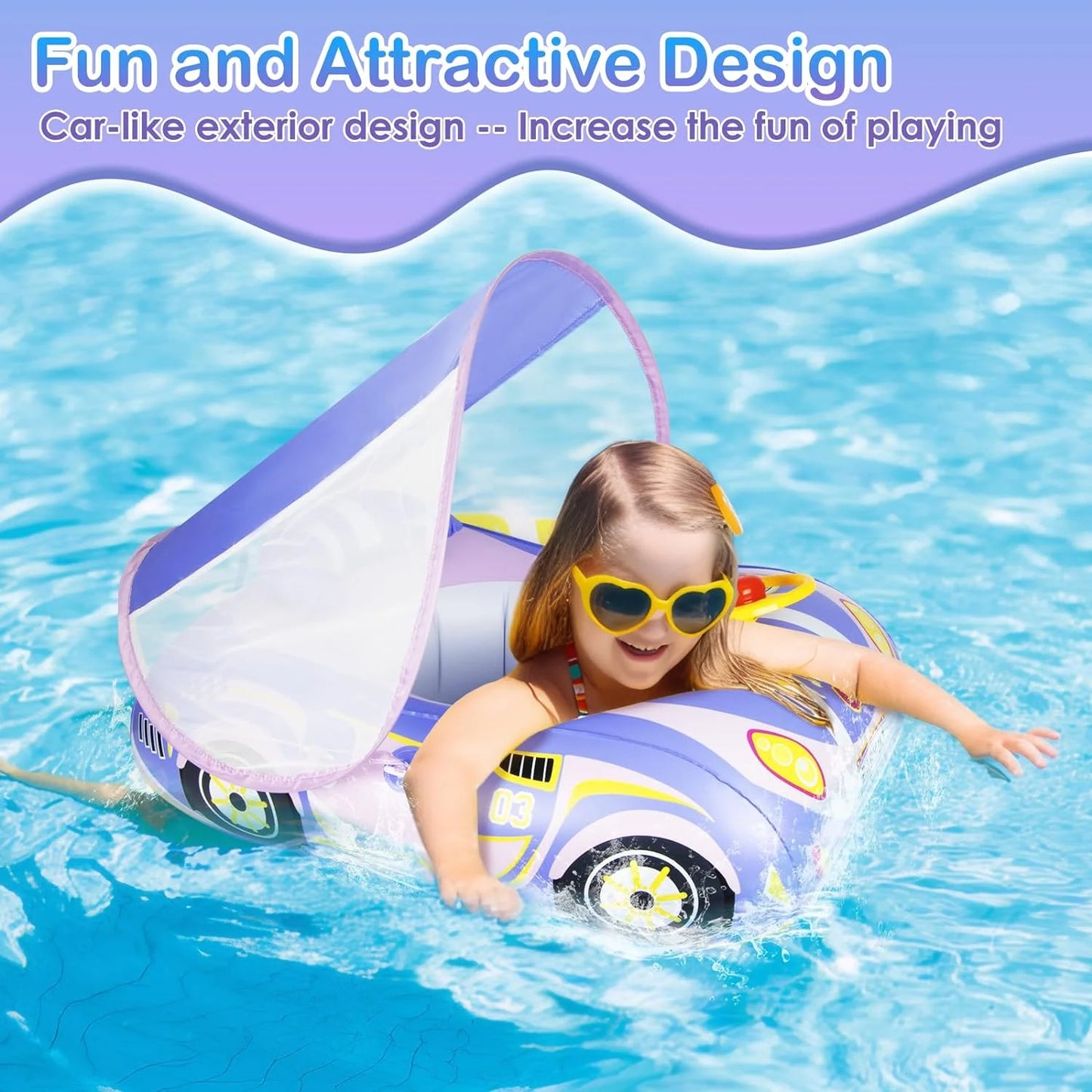 Baby Pool Float with Canopy UPF50+ Sun Protection, Heavy Duty PVC Baby Swim Float, Toddler Pool Float, Swimming Floats Seat Boat with Steering Wheel for 1-4 Years Purple