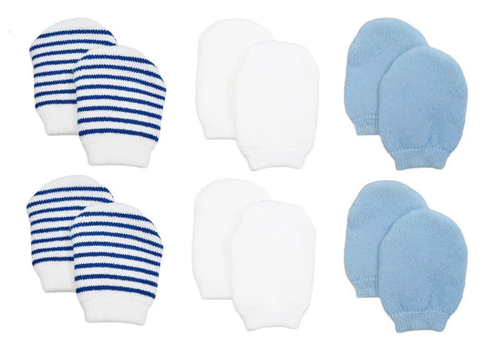 Newborn Baby Boy No Scratch Cotton Mittens Variety Pack (Includes 2 Pairs White, 2 Pairs Blue, 2 Pairs Blue Stripes)