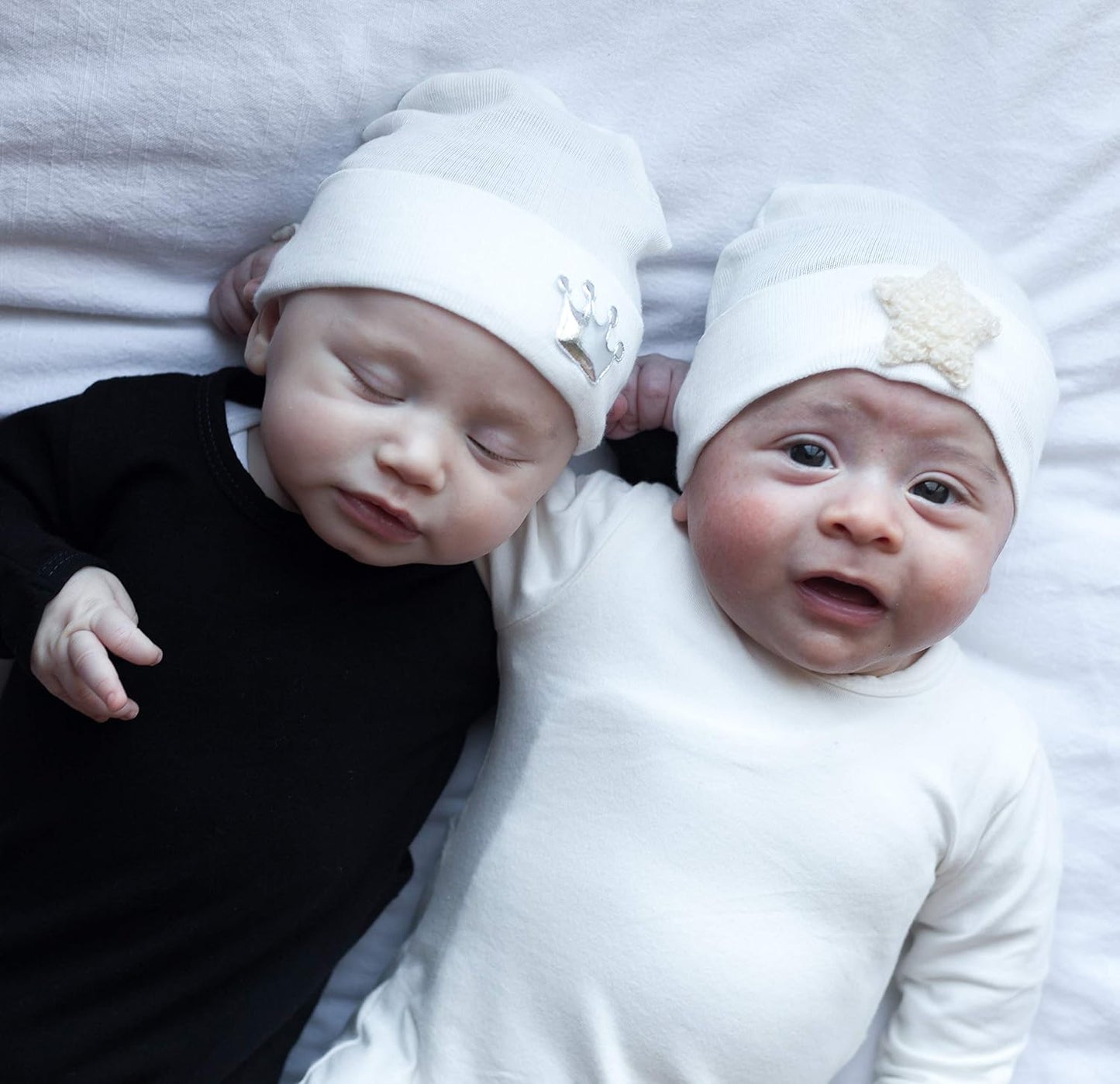 Newborn Hospital Hat 2-Pack Set for Baby — 100% Cotton Mesh Fabric for Lightweight, Breathable Comfort (White Silver Crown | White Beige Fuzzy Star)