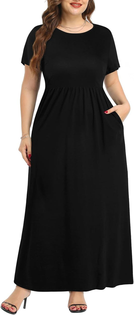 Women'S plus Size Short Sleeve Maxi round Neck Casual Long Dress