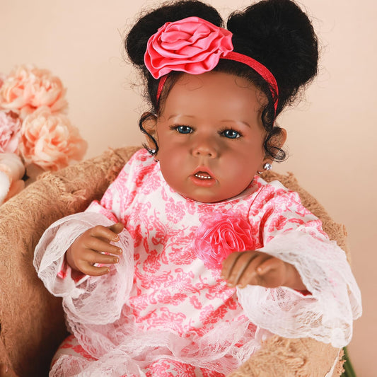 Reborn Baby Dolls Black Girl, African American 20 Inch Realistic Newborn Baby Dolls with Lifelike Soft Body Silicone Limbs Birthday Gift Set for Ages 3+