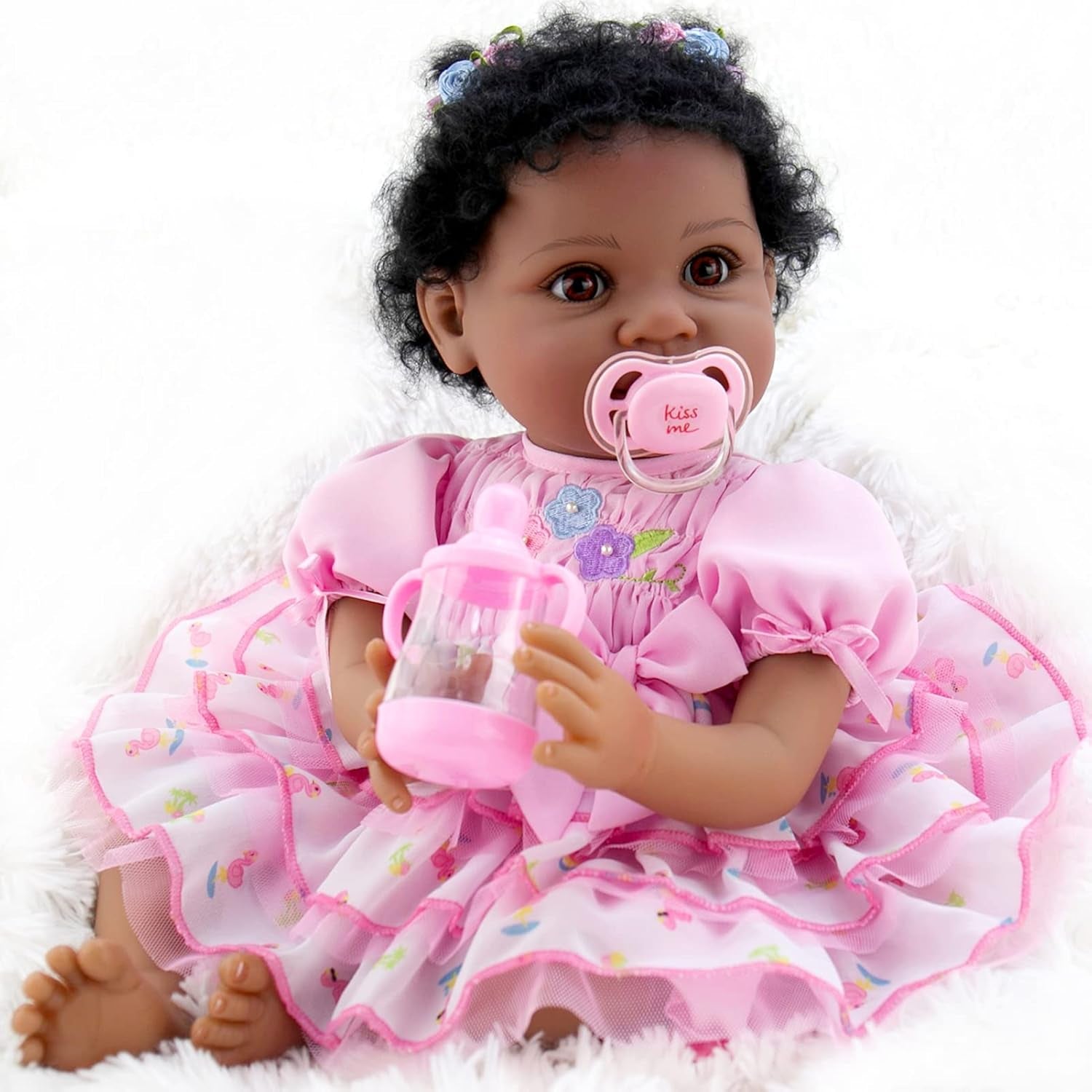 Reborn Baby Dolls Black 22 Inch Biracial Lifelike Black Americans Reborn Girl Dolls with Pink Dress Flamingo Gift Set and Doll Accessories