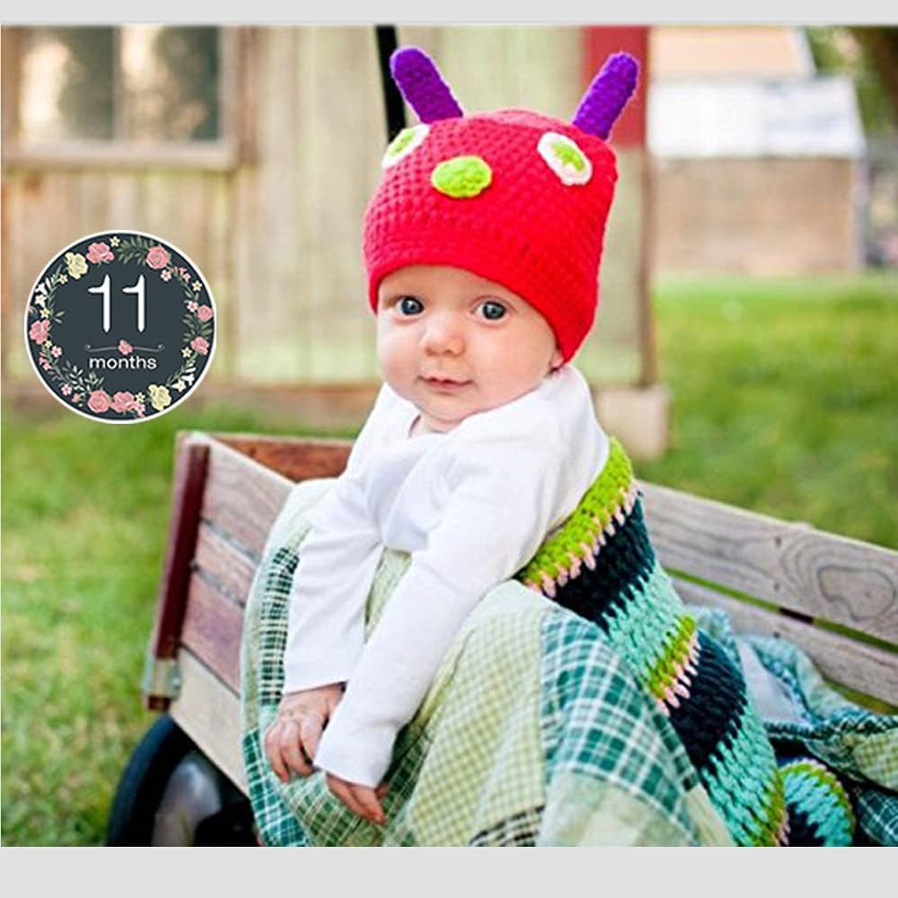 Newborn Photography Props Baby Girl Boy Photo Props for Infant Crochet Caterpillar Outfit Hand Crocheted Hat(0-10 Months) & Newborn Monthly Milestone Photo Cards Stickers (Set of 24)