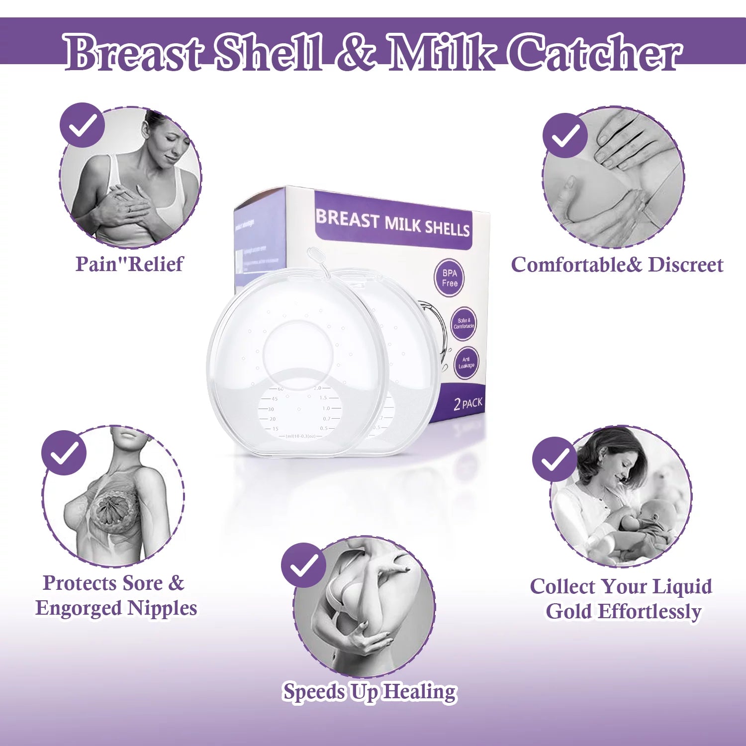 Milk Saver, Milk Catcher for Breastmilk, Breast Shell to Collect Leaking Breastmilk, Collector Cup for Nursing & Breastfeeding, Saves up to 2 Ounces of Leaking Liquid Gold, Silicone-Free