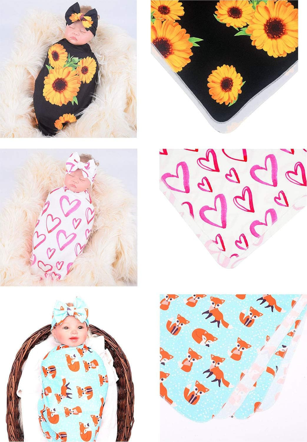 3-Pack Baby Girl Swaddle Blanket Headband Set Receiving Blanket Swaddle Wrap for Newborn Girls (3 Sets (Sunflower, Love Heart, Fox))