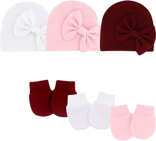 Newborn Hat Gloves, Baby Hat for Girls,Baby Mittens and Socks Hat Set for Newborn,Infant (0-3 Months, Whit & Pink & Red -3 Sets)