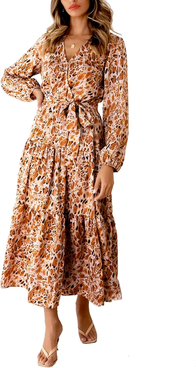 Womens Floral Chiffon Flowy Maxi Dress Wrap V Neck Tie Waist Dresses