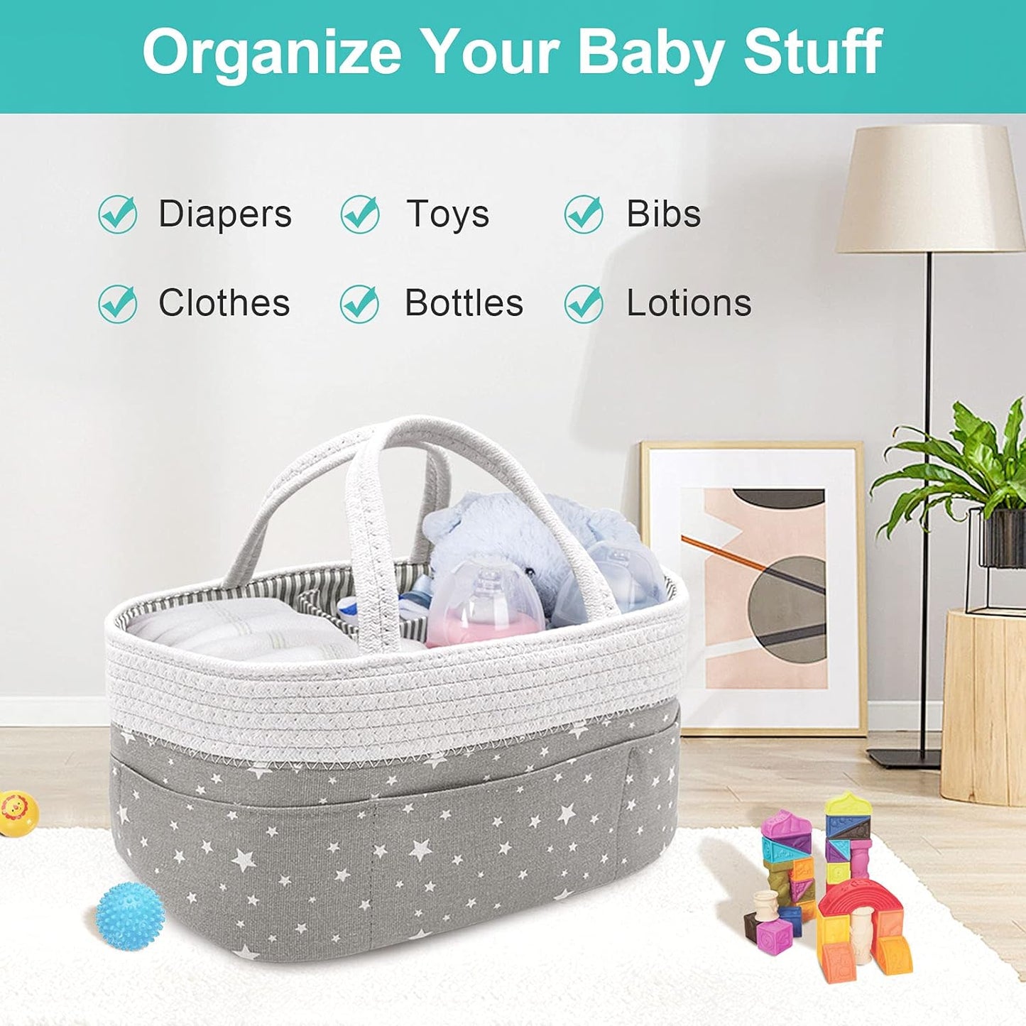 Cotton Rope Baby Diaper Caddy Organizer Nursery Storage Bin Stacker Basket for Newborn Girl & Boy Portable Changing Table Car with Divider for Wipes Diapers(Grey&White Star)