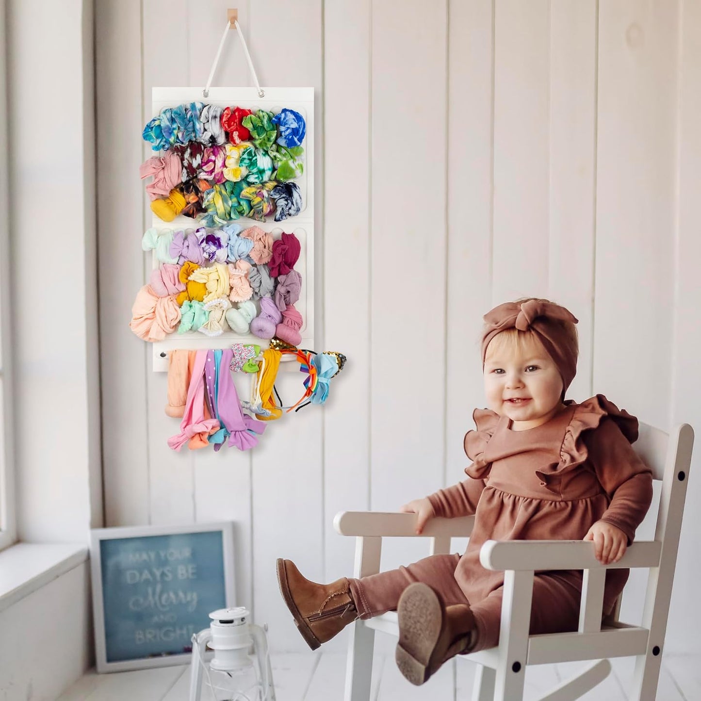 Baby Headband Holder Organizer with 16 Ribbons and 2 Detachable Snaps, Practical and Cute Headband Storage for Your Little Darling (Ivory White)