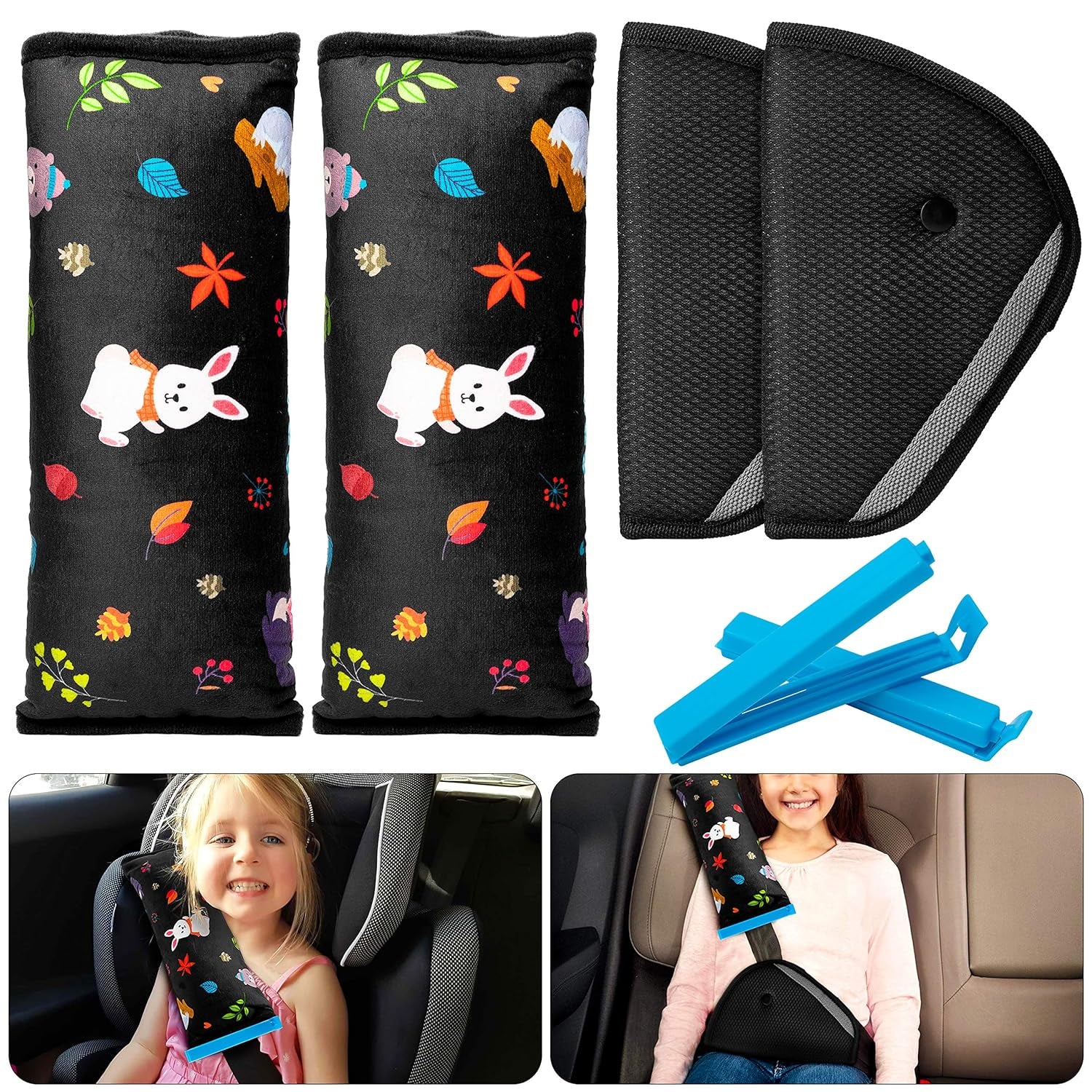 4Pack Seatbelt Pillow Seat Belt Covers for Kids, Animal Pattern Adjust Shoulder Pads Cushion Plush Soft Seat Belt Strap Cover Headrest for Children Baby