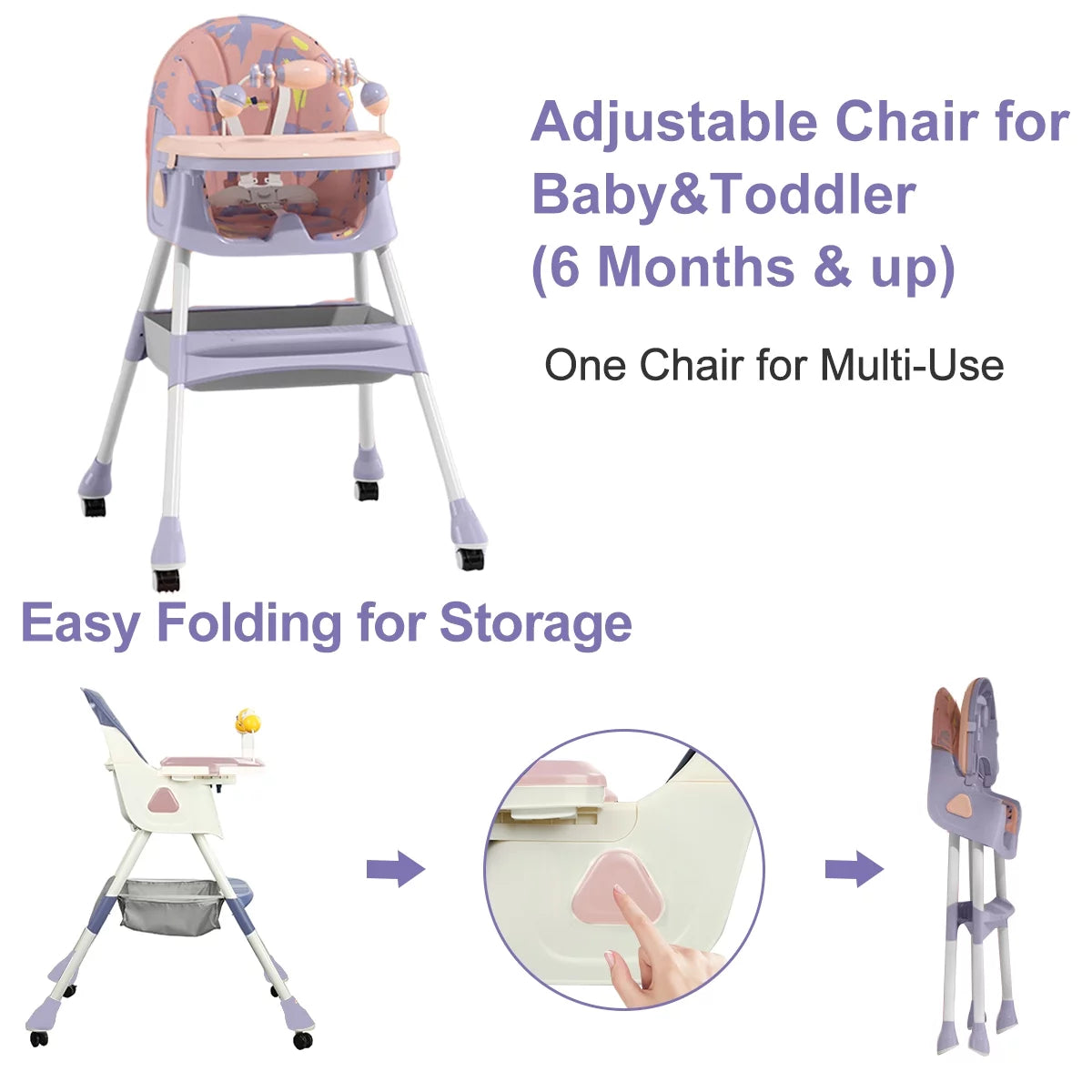 4-In-1 Baby High Chair Portable Baby Dining Chairs Eat & Play Convertible High Chair with Five-Point Snap Button, Double-Layer Dinner Plate and Toy Rack, Purple