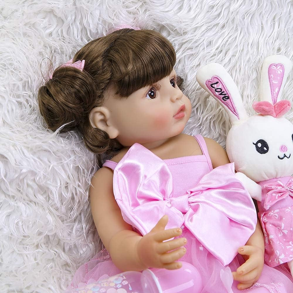 Reborn Baby Doll 22 Inch Silicone Full Body Vinyl Baby Girl Reborn Toddler Dolls Life Size Baby Dolls Big Eyes Long Hair with Pink Clothes for Kids Birthdays Gifts Toy