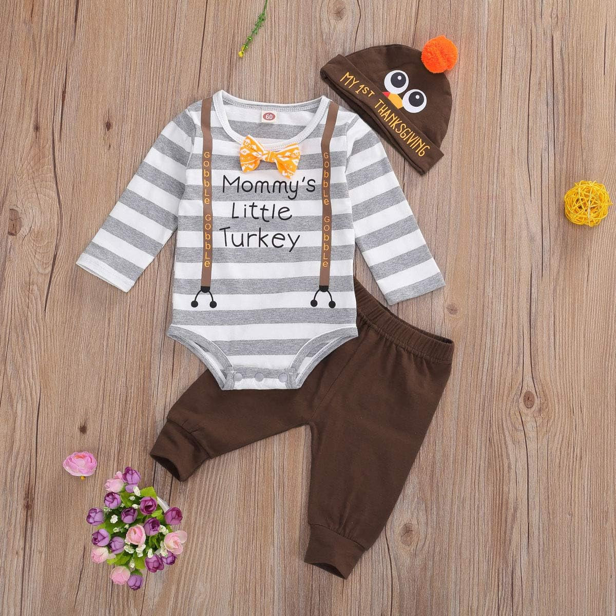 Newborn Baby Boy Girl Thanksgiving Outfit Long Sleeve Striped Romper Pants Hat Little Turkey 3Pcs Clothes Set