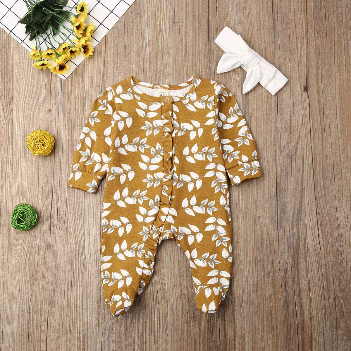 Newborn Baby Girl Boy Romper Jumpsuit Footed Romper Ruffle Footie Bodysuit Fall Winter Outfit Clothes (Floral Footies, 0-3 Months)