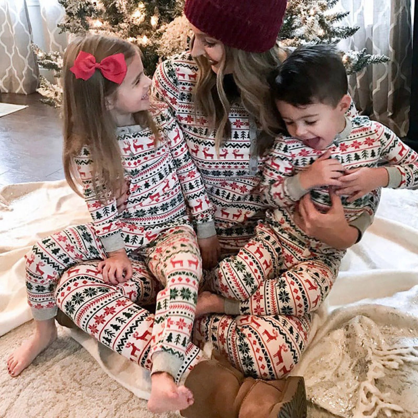 Family Matching Christmas Deer Printing Family Fitted Cotton Soft Two-Piece Pajamas Sets Outfits, Unisex