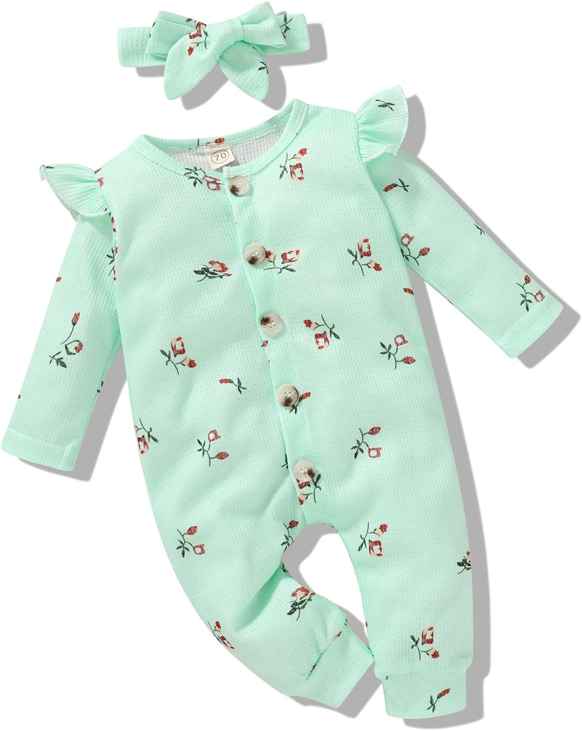 Baby Girl Romper Long Sleeve Jumpsuit Ruffle Bodysuit Newborn Girls Fall Clothes Toddler Floral Outfits with Headband