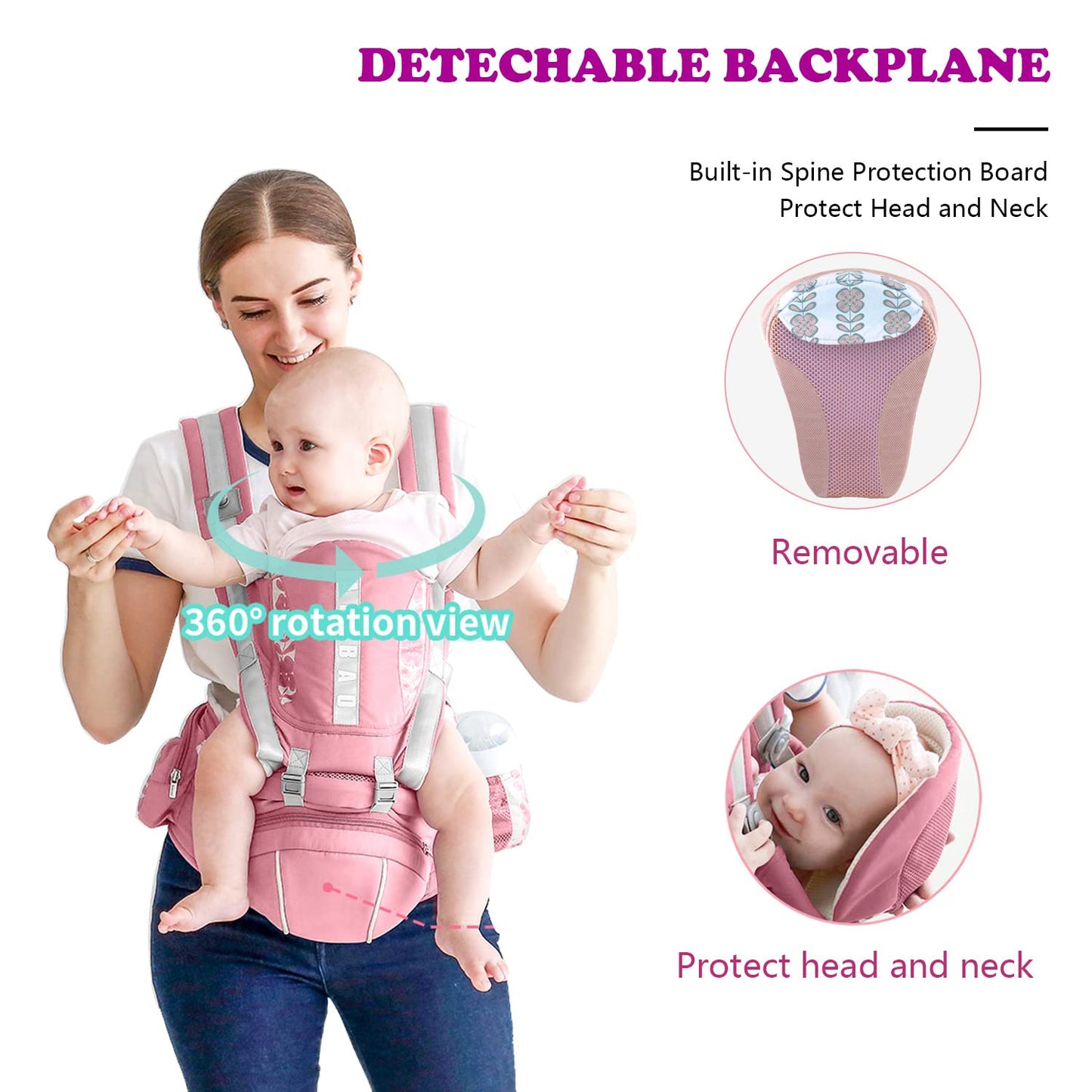 Yuleyard Baby Carrier with Hip Seat, Baby Carrier Newborn to Toddler with Lumbar Support Child 7-33 Lbs and Cool Air Mesh, Safety Comfort Baby Holder Carrier (Pink)