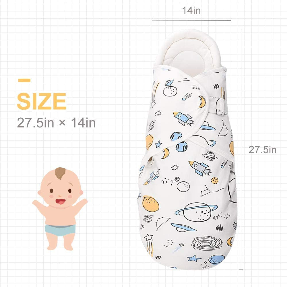 Baby Swaddle Blankets, Unisex Baby Blanket Wrap for Newborn Baby Boys Girls, Skin Friendly Wearable Swaddle Sleep Sack Made of Combed Cotton(Planet, White, 0-3 Months + 3-6 Months)