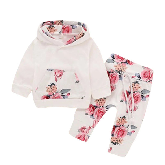 Baby Girl Clothes Newborn Infant Floral Hooded with Pocket Sweatshirt Pants Headband Outfits Set