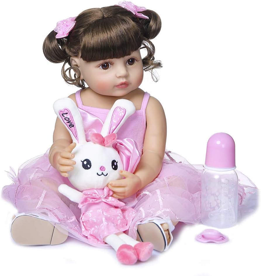 Reborn Baby Doll 22 Inch Silicone Full Body Vinyl Baby Girl Reborn Toddler Dolls Life Size Baby Dolls Big Eyes Long Hair with Pink Clothes for Kids Birthdays Gifts Toy