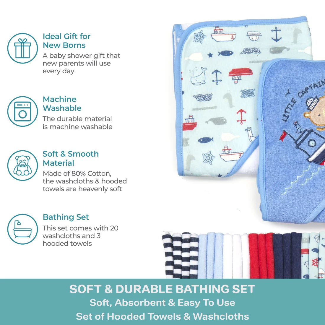 Bath Hooded Towels & Washcloths Set for Babies, 23-Piece Gift Set, Navy Nautical