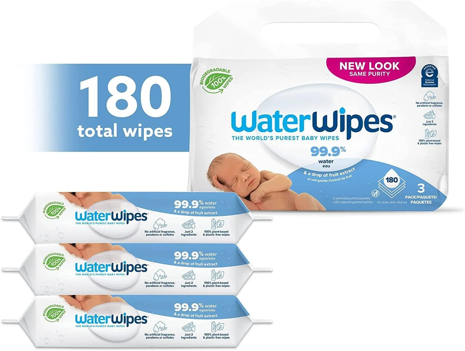 Plastic-Free Original Baby Wipes, 99.9% Water Based Wipes, Unscented & Hypoallergenic for Sensitive Skin, 180 Count (3 Packs), Packaging May Vary 60 Count (Pack of 3)