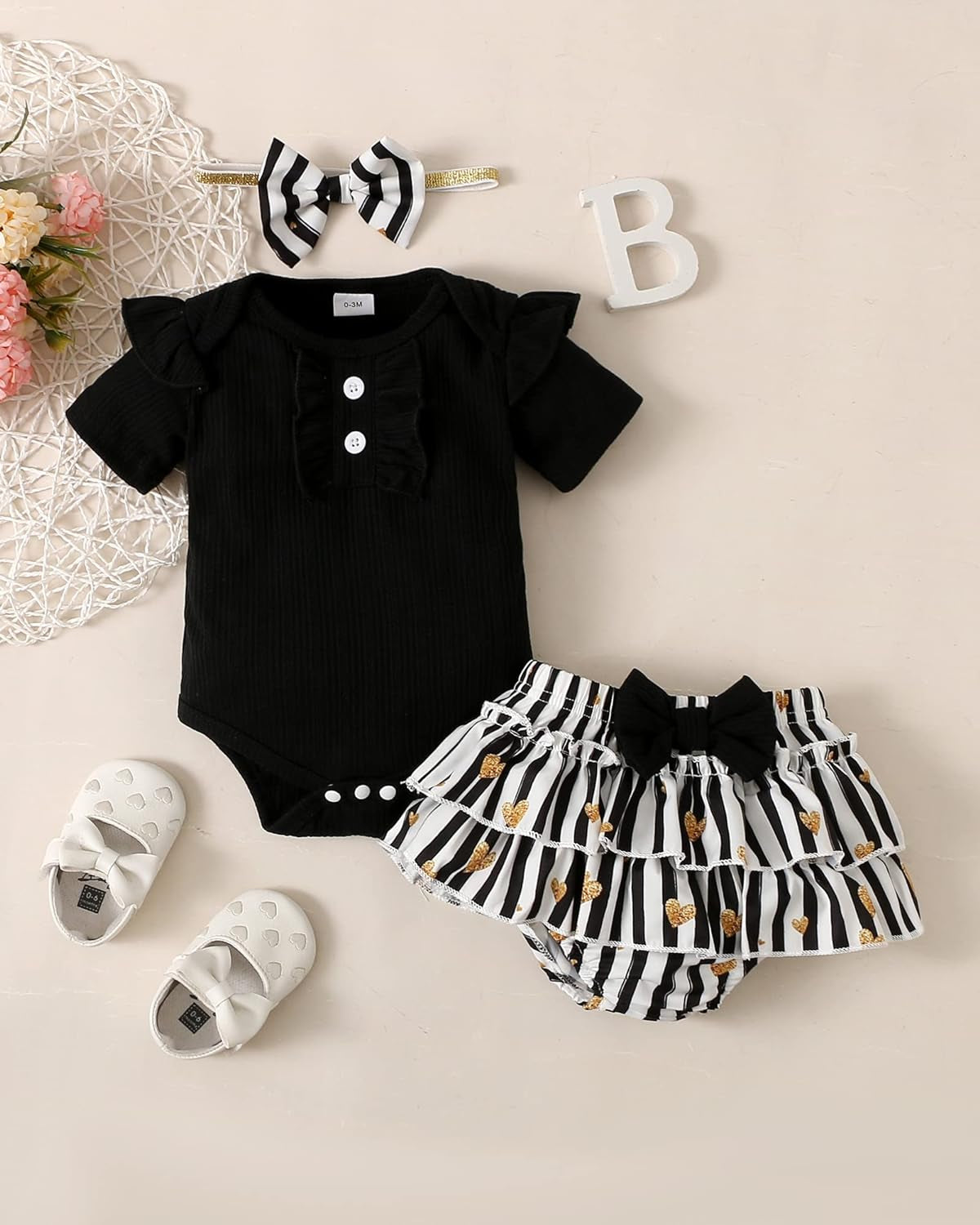 Baby Girl Clothes Newborn Girl Outfits, Infant Ruffle Sleeve Romper+ Floral Shorts+ Cute Headband 3PCS Cotton Baby Summer Clothing Set(Black,3-6M)