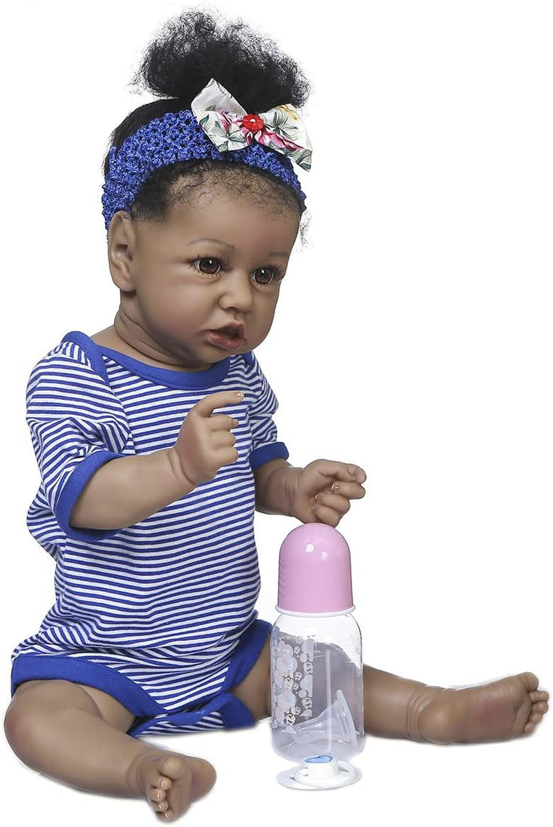 Angelbaby 22 Inch Girl Dolls Full Silicone Body Reborn Baby Dolls African American Black Reborn Toddler, Real Life Washable Ethnic Bebe Children Dolls