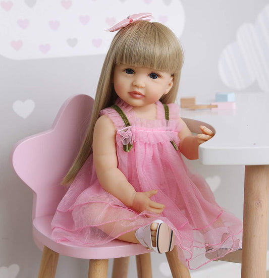 Reborn Baby Dolls Full Body Silicone Vinyl Girl 22 Inch 55 Cm Realistic Lifelike Toddlers Newborn Baby Doll Waterproof with Blond Long Hair Pink Dress for Girls Birthday