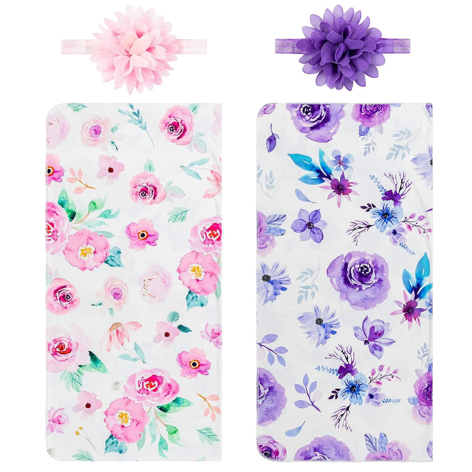 Newborn Baby Swaddle Blankets Headband Sets Including 2 Pack of Swaddle Blanket & Headband Floral Pattern Receiving Blankets for Baby Shower Newborn Gift (0-3 Months)