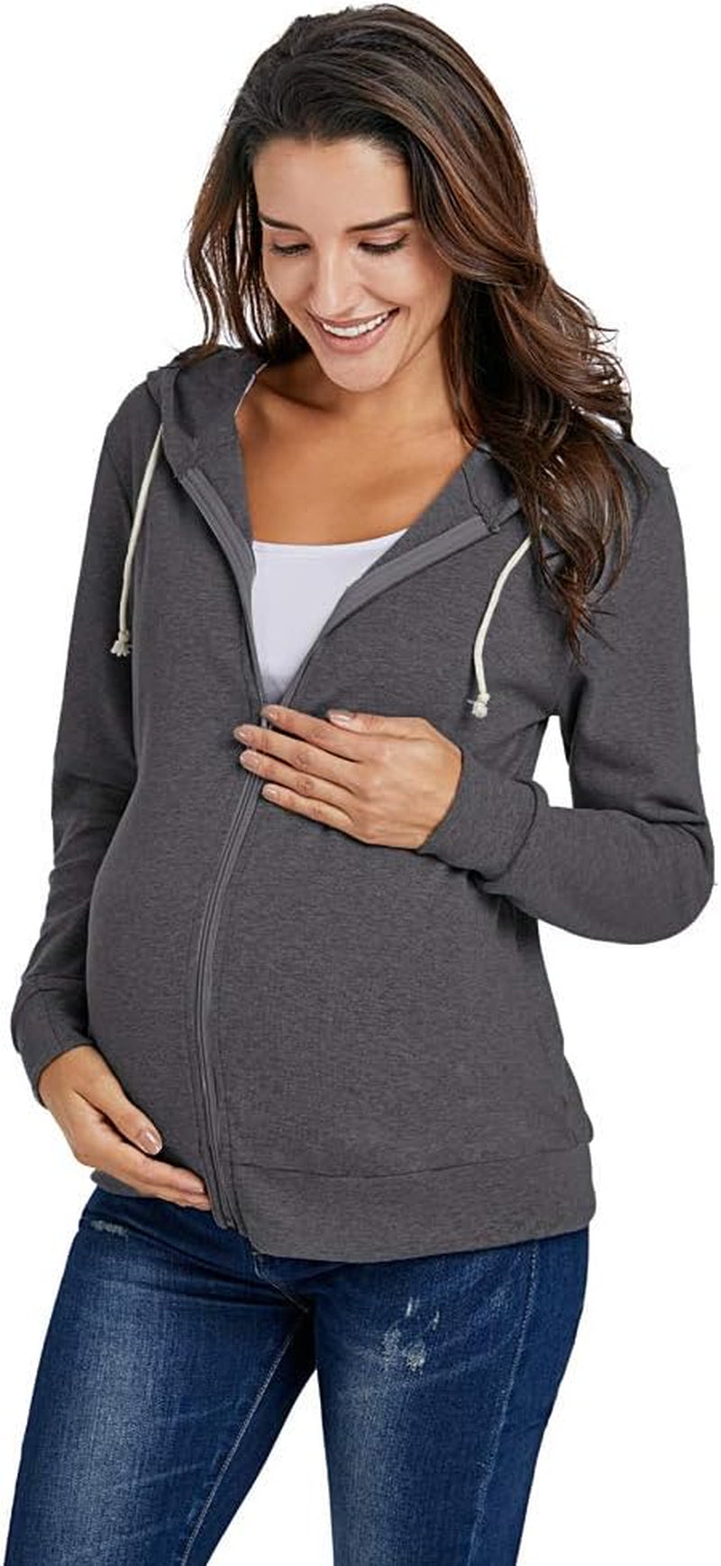 Maternity Zip up Hoodie Long Sleeve Cinched-Waist Sweatshirt Maternity Jackets for Women(Charcoal,L)