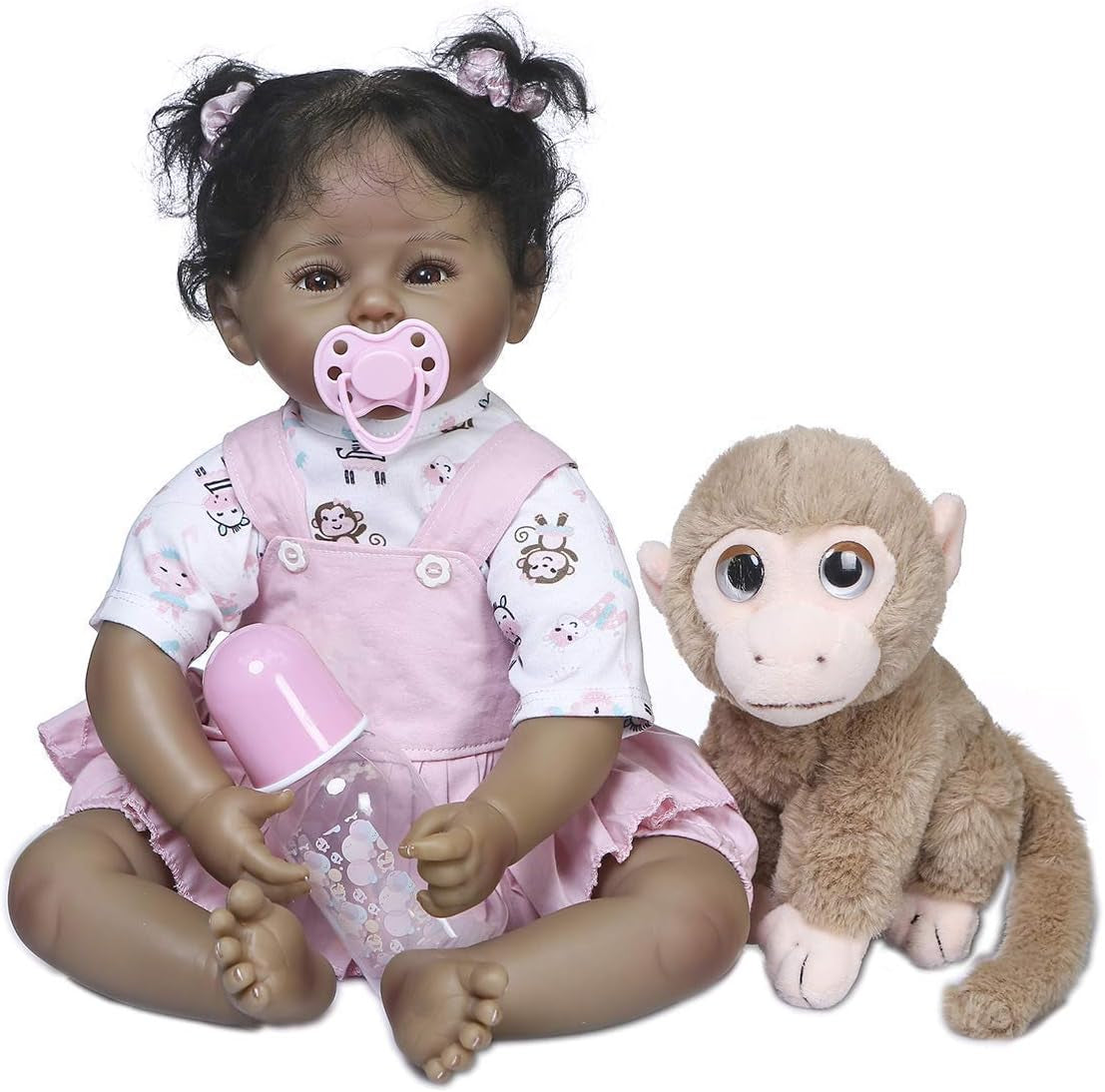 Black Reborn Baby Doll Girl 22 Inch Realistic Reborn Toddlers Dolls Lifelike Newborn Girl Dolls with Monkey Toys Best Gifts for Kids Ages 3+