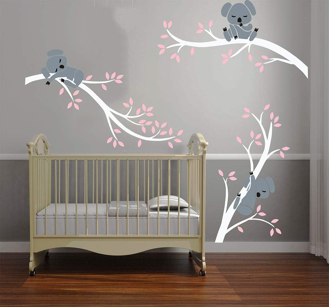 Three Koalas Tree Branches Wall Decal Wall Sticker Baby Nursery Decor Kids Room Decoration (White+Pink)