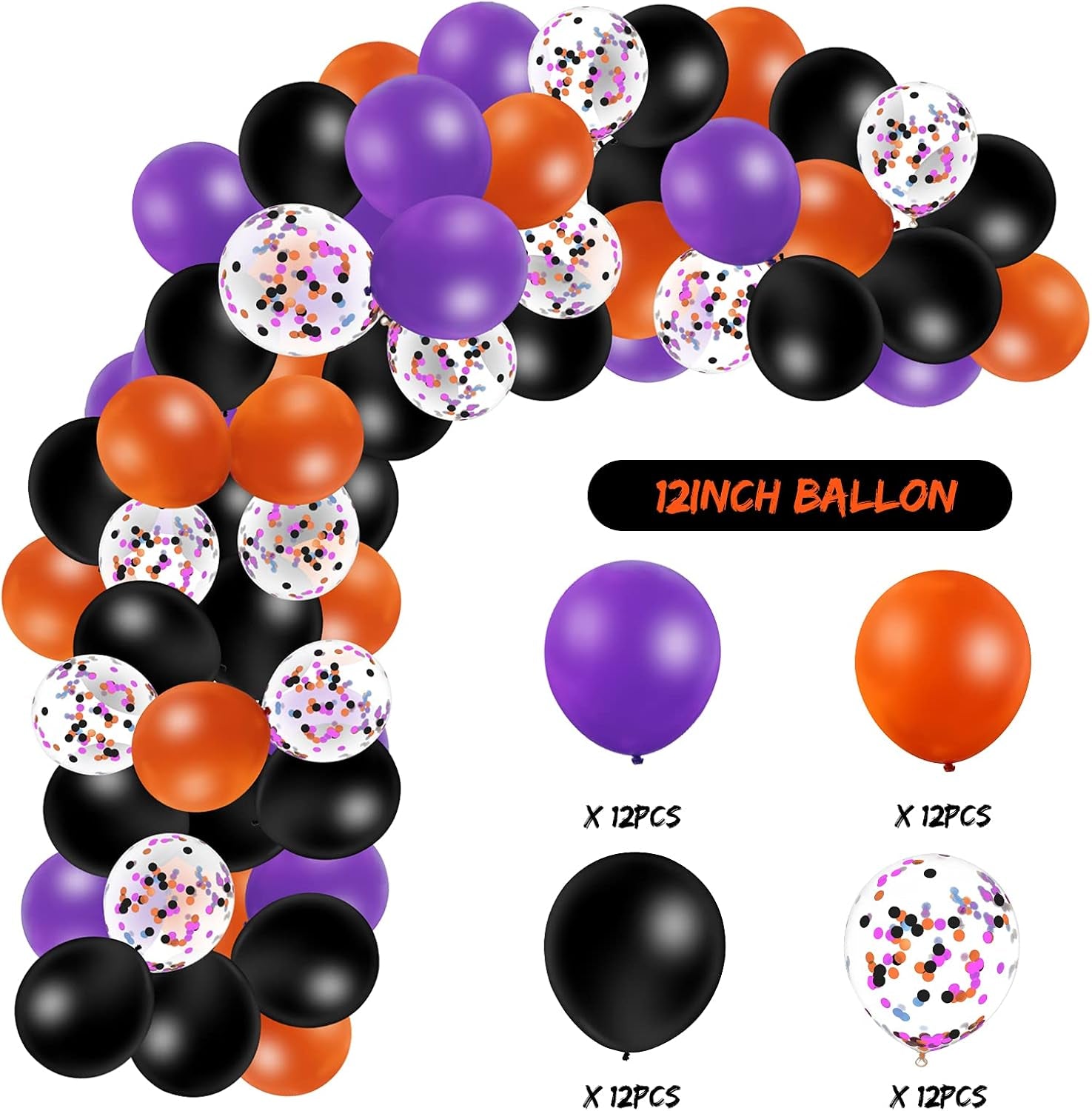 60 PCS 12 Inch Confetti Balloon Latex Balloons with Ribbon for Birthday Decoration Supplies (Orange, Purple, Black)