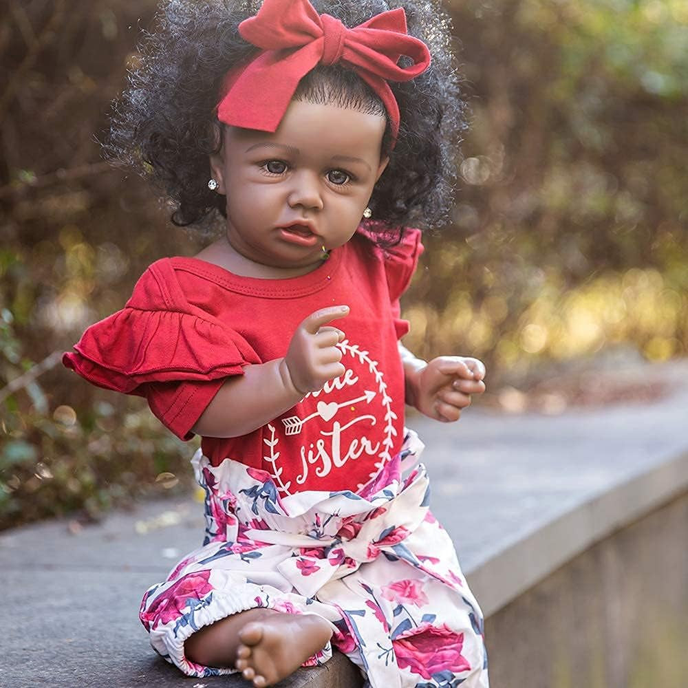 Lifelike Reborn Baby Dolls with Soft Body African American Realistic Girl Doll 22.8 Inch Best Birthday Gift Set